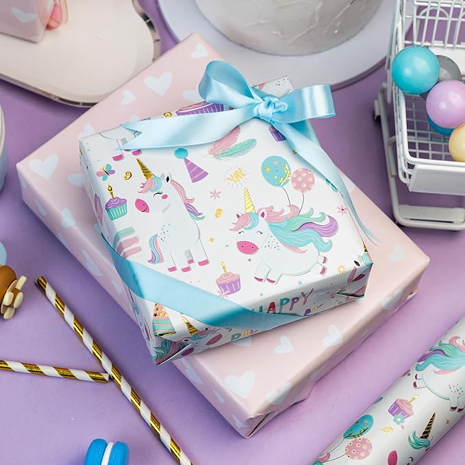 MAYPLUSS Unicorn Wrapping Paper for Girl, 17 Inch x 16.5 Feet Birthday Gift Wrap Featuring Gold Corn Reversible Heart for Princess Kids Baby Shower