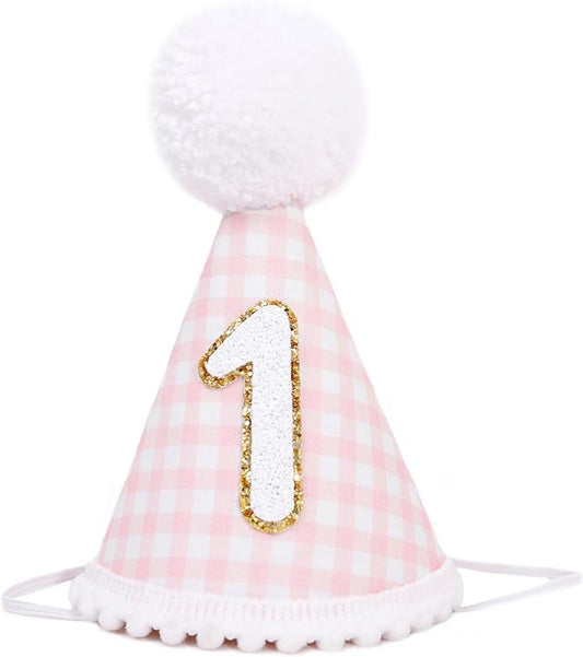 Pink Gingham Style 1st Birthday Hat - 1st Birthday Party Hat for girls, Baby girl 1st Birthday Decoration, Princess First Birthday Crown, Pink and Gold 1st Birthday Decor