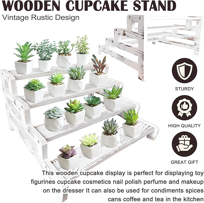 Wooden Cupcake Stand 4 Tier Rustic Cupcake Stand Wood Cupcake Holder White Tiered Display Stand for Birthday Party, Wedding