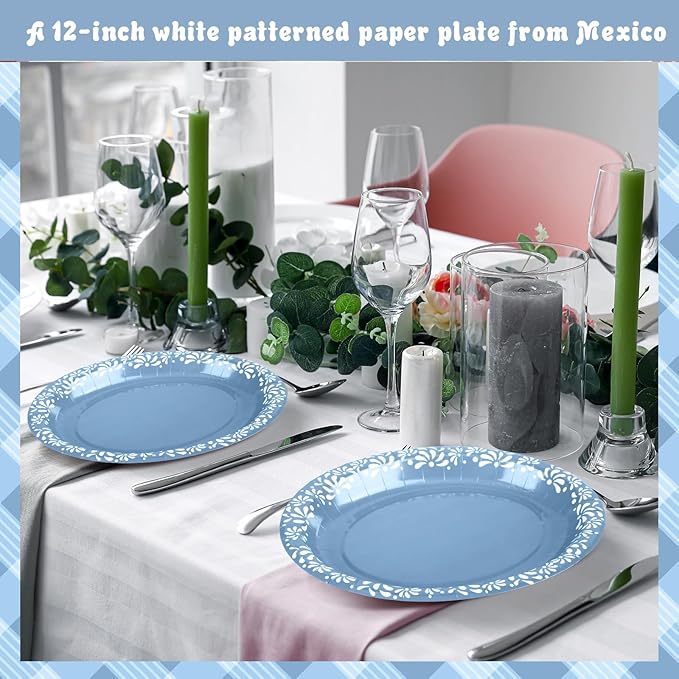 Yungyan 50 Pcs 12 Inch Blue Platos De Barro Cielito Lindo Plates Mexican Paper Plates Cielito Lindo Party Favors for Talavera Birthday Wedding Party Decoration