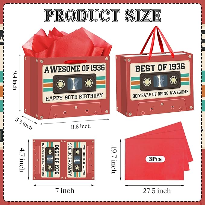 90th Birthday Gift Bag for Men Women Retro Tape 1936 Birthday Party Favor Bags with Wrapping Paper and Greeting Card Vintage Cassette 90 Years Old Gift Bag Decorations for Mom, Dad, Friends Gifts