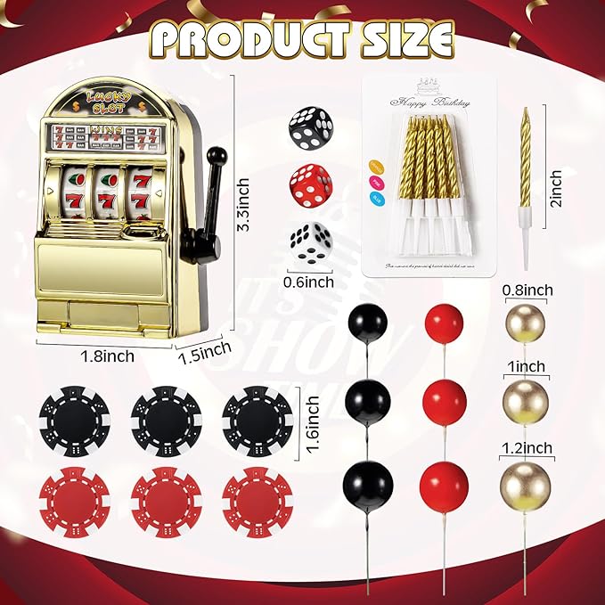 Beeveer 42 Pcs Casino Cake Topper Decorations with Candles Poker Game Chips Player Happy Birthday Cake Pick Set for Las Vegas Scene Birthday Party Decoration
