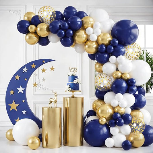 Navy Blue Gold Balloons Arch Kit,White and Gold Confetti Balloons Arch,Navy Blue Balloons for Birthday Graduation Ceremony Anniversary Party Decorations