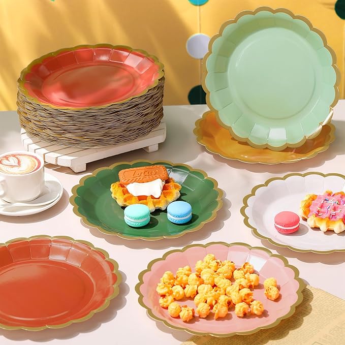 96 Pcs Colorful Paper Plates 9 Inch Boho Scalloped Paper Disposable Dinner Dessert Plates for Birthday Wedding Bridal Party Supplies, 6 Colors