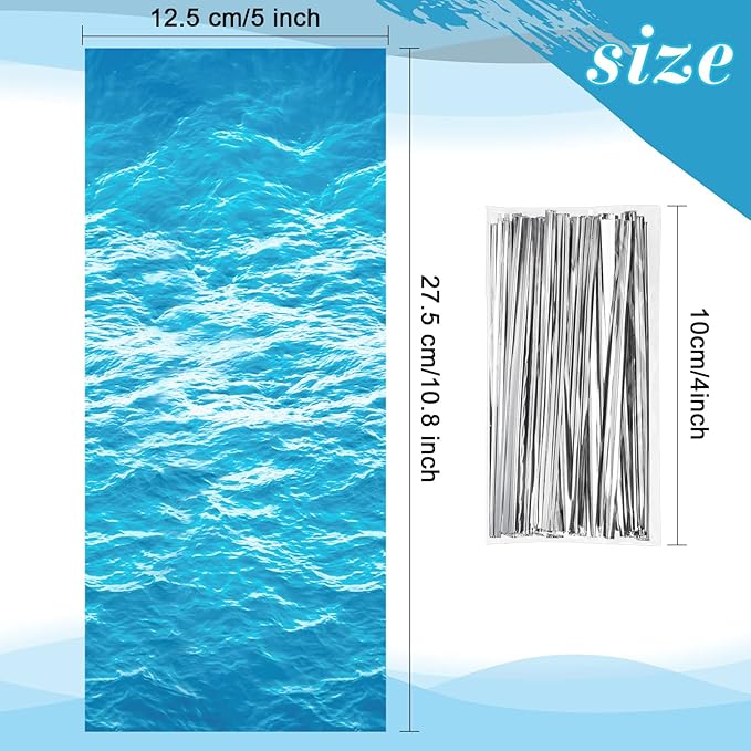 Pajean 100 Pieces Ocean Waves Cellophane Treat Bags Under the Sea Blue Ocean Party Goodie Candy Bag with 100 Twist Ties for Beach Pool Birthday Summer Mermaid Party Decoration Baby Shower Supplies