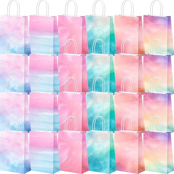 Humyoun 24 Pcs Pastel Gift Bags Paper Goodies Bags with Handles Watercolor Tie-Dye Candy Treat Gifts Wrapping for Baby Shower Wedding Birthday Party Supplies