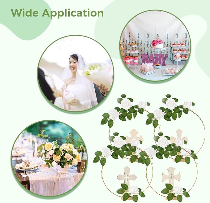 48 Pcs Baptism Centerpieces for Tables - Baptism Table Decorations - 12 Wood Crosses, 12 Metal Floral Hoops with Stands, and 24 Foam Roses - Garland Strands Kit for Baptism Party, Wedding Decor