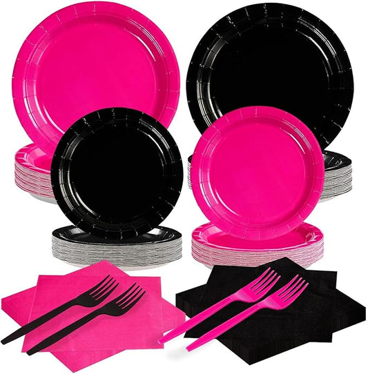 200Pcs Hot Pink and Black Birthday Decorations Hot Pink Party Plates and Napkins Disposable Heavy Duty Pink and Black Tableware Set for Valentine?™s Day Girls Women Birthday Bridal Shower Gender Reveal