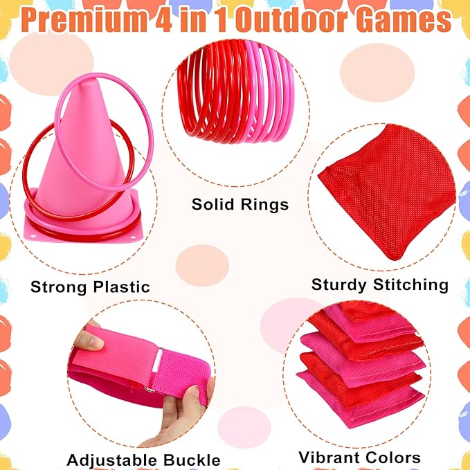 33pcs 4 in 1 Valentines Day Games for Kids with Ring Toss, Plastic Cones, Bean Bags, 3-Legged Race Bands, Carnival Valentine's Games Activity Combo Set for Kids Classroom Indoor Outdoor Party Yard