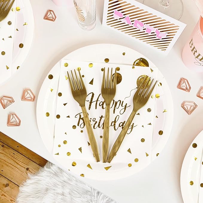 96PCS Happy Birthday Plates and Napkins Party Supplies, White and Gold Disposable Paper Plates and Napkins with Forks Tableware Set for Birthday Party Decorations 24 Guests (Birthday White)