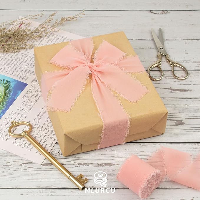 Blush Rose Chiffon Ribbon - 1.5 Inch x 21 Yards, Frayed Silk Boho Ribbon for Gift Wrapping, Wedding Invitations, Bridal Bouquets