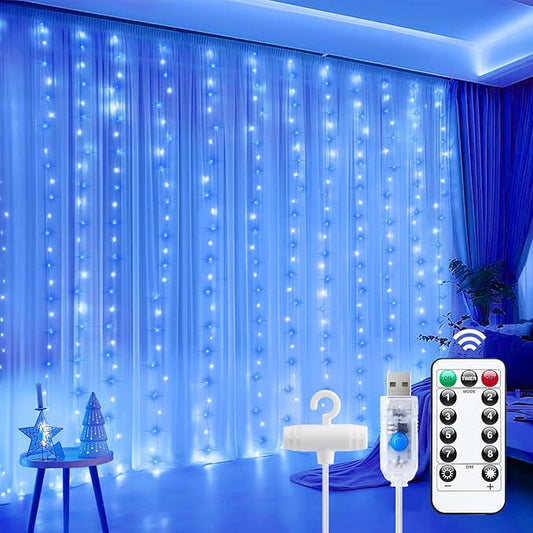Minetom Curtain Lights, 300 LED Dimmable Fairy Lights with Remote and Timer, 8 Modes, USB Powered String Lights for Room Wall Party Xmas Indoor Decor, Blue & White Hanukkah Decorations Lights