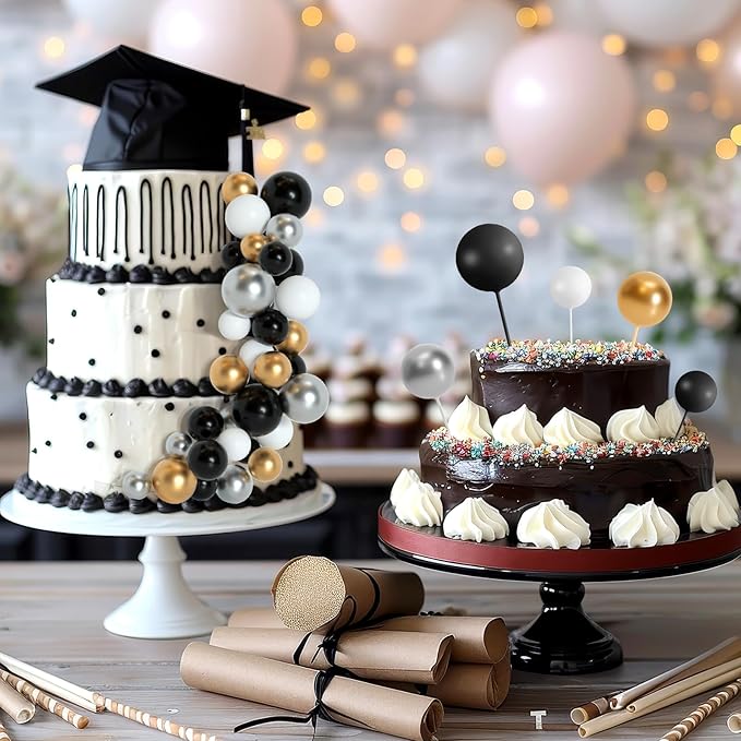 138 Pcs Black and Gold Balls Cake Topper Graduation Cake Decorations Balloon Cupcake Toppers Multisize Foam Cake Balls Decorations for Birthday Party Wedding Anniversary