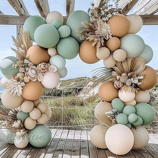 Dusty Green Tan Balloon Arch Kit Double Stuffed, Light Sage Green White Sand Brown Apricot Pastel Neutral Balloon Garland for Boho Baby Shower Birthday Wedding Woodland Wild One Gender Reveal Party
