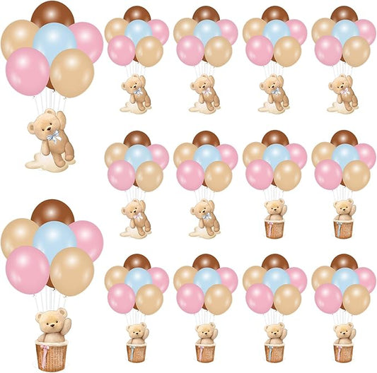 FYSUIMU 12 Sets Bear Gender Reveal Table Decoration Cute Bear Paper Cardstocks with Balloons Stand Kits for Birthday Baby Shower Party Table Centerpiece Supplies