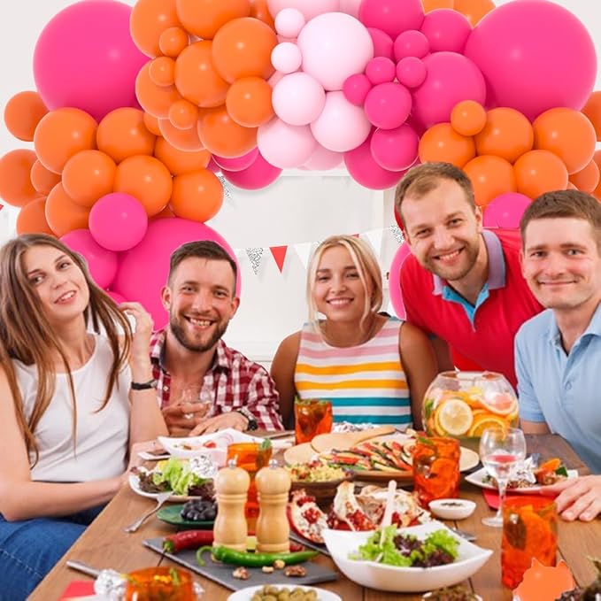 Hot Pink Orange Balloon Arch Kit - 122pcs, Pink Orange Balloons, Arch Strip Tape, Glue, Holder Tool - Princess Cartoon Theme, Unisex Adults, General Celebration, All Ages