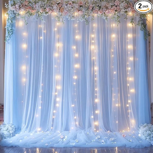 Baby Blue Sheer Tulle Backdrop Curtains with Lights String for Parties Baby Shower Decorations for Boy Bridal Shower Birthday Party Photo Shoot Background Wall Decorations 10×8ft(2 Panels 5×8ft)