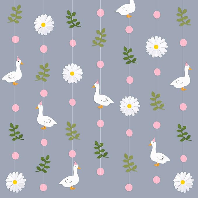 Pink Silly Goose 3D Daisy Flower Leaf Polka Dot Hanging Streamer Garland Banner for One Silly Goose Theme Birthday Baby Shower Wedding Bridal Shower Spring Summer Party Decorations Supplies
