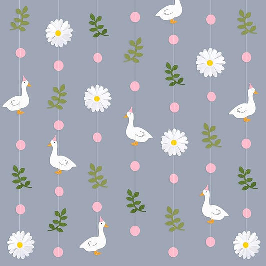 Pink Silly Goose 3D Daisy Flower Leaf Polka Dot Hanging Streamer Garland Banner for One Silly Goose Theme Birthday Baby Shower Wedding Bridal Shower Spring Summer Party Decorations Supplies