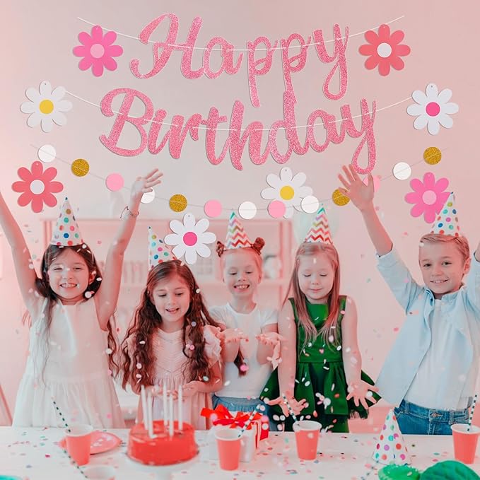 Pre-Strung Happy Birthday Banner, NO DIY Birthday Decorations with Circle Dot Garland and Flowers, Happy Birthday Party Decorations for Women Girls (Pink)