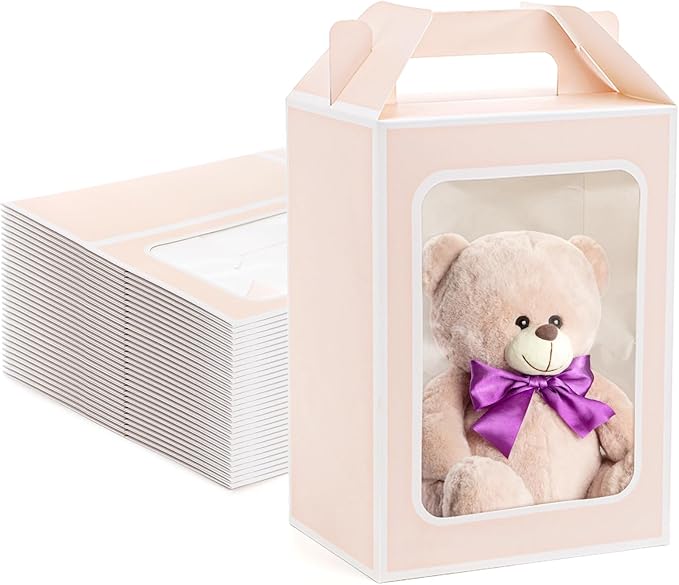 Tosnail 30-Pack Pink Gift Bags with Window, 9.8 Inches Tall Clear Favor Boxes, See Through Bag for Gifts, Party Favors, Weddings, Bridal Shower