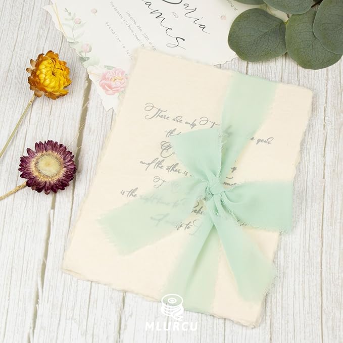 Mint Green Chiffon Ribbon - 1-1/2 Inch x 21 Yards, Handmade Fringe, Silk, Boho Frayed, Misty Green for Gift Wrapping, Wedding Invitation, Bridal Flower Bouquets