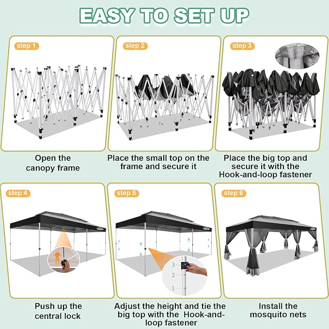 COBIZI 10x20 Pop up Gazebo, One-Push Setup Canopy Tent with Mosquito Netting & Vented Roof Design, Upgrade Metal Easy up Canopy Carpa Outdoor Gazebos for Backyard Camping Deck Party(Light Gray & Gray)