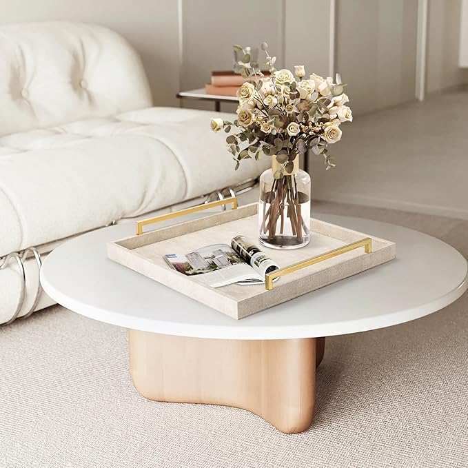 Large Ottoman Tray for Coffee Table,Square Shagreen Leather Decorative Tray with Gold Handles for Living Room Decor