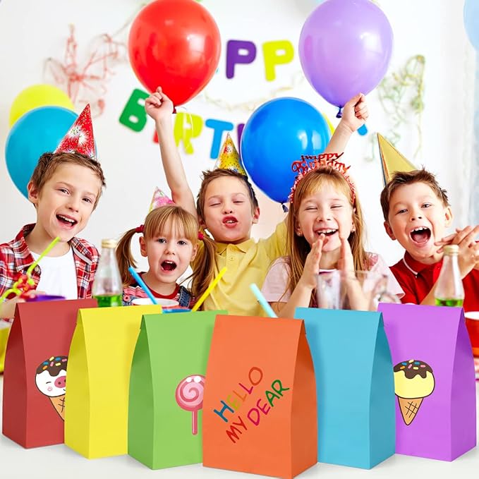 Poever 30 Pcs Party Favor Bags - 6 Colors Small Gift Bags 5x2.95x9.45 Colorful Treat Rainbow Kraft Paper for Birthday Party Wedding Craft Activities