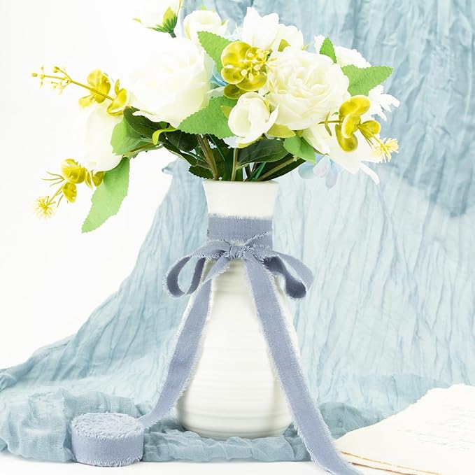 Dusty Blue Cotton Ribbon 5/8 Inch Dusty Blue 3 Rolls 21 Yards Frayed Edge Fabric Set for Wedding Decor, Bridal Bouquet Wrap, Graduation Party, Gift Wrapping & Spring Wedding