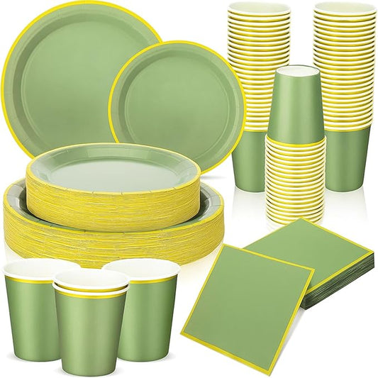 Dandat 200 Pcs Sage Green Paper Plates and Napkins Set, Disposable Dinnerware Includes 7'' & 9'' Paper Plates, Cups, Napkins for Birthday, Baby Shower, Wedding Party(Gold Rim)