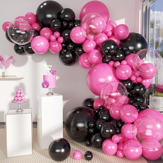 Black and Hot Pink Balloons Garland Arch Kit With Clear Bobo Balloons, 151Pcs Latex Balloons Different Sizes 18 12 10 5 inch for Valentine Day Birthday Holiday Party Decorations