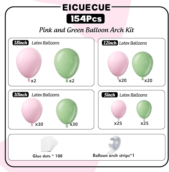 Pink and Green Balloons Garland Arch Kit 154Pcs - 5 10 12 18 inch Different Size Pink and Sage Green Balloons for Gender Reveal Baby Shower Hawaiian Birthday Summer Tropical Party Decorations