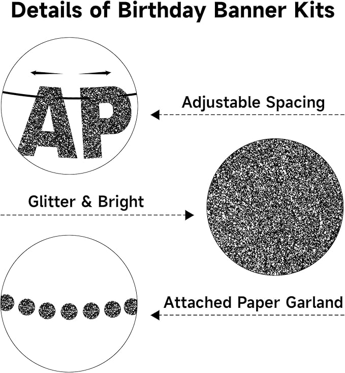 GCQQ Black Happy Birthday Banner Set - No DIY Glitter 3M Birthday Banners and 2.5M Dot Garlands Pre-Strung Black Theme Party Decorations for Men Women Birthday Party Backdrop