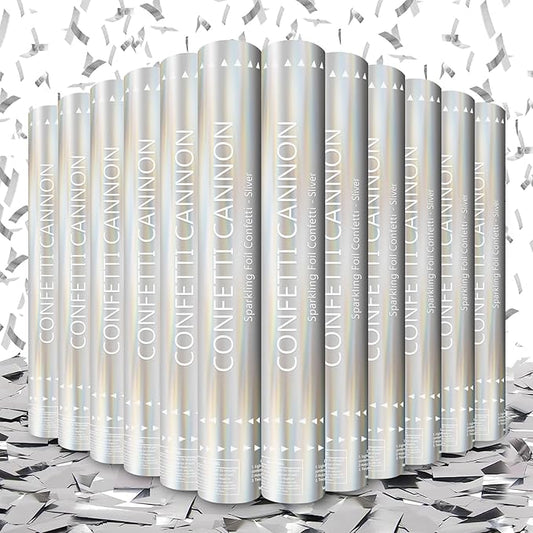 Confetti Cannon 12 Pack Silver Confetti Poppers 12 Inch Streamer Cannon Foil Party Poppers Confetti Shooters Silver Mylar Popper Cannon Bulk for Wedding Birthday Graduations New Year Celebration