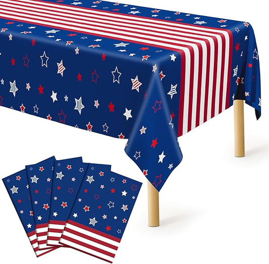 QZYL 4 Pack 4th of July Decorations, 54" x 108" USA Plastic Table Cloth, Tear Resistant Patriotic Tablecloth Fourth of July Tablecloths American Tablecover, Red White Blue Party Supplies