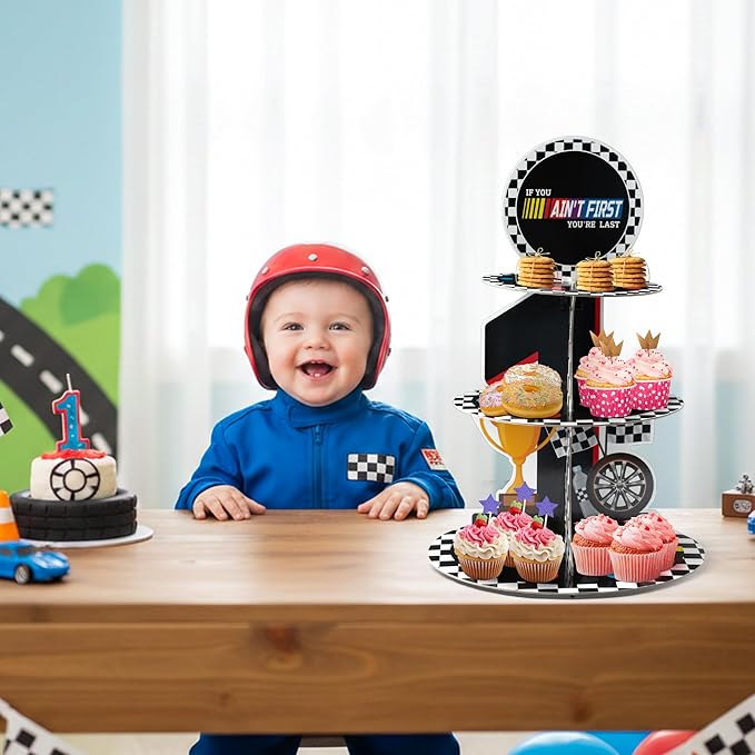 Race Car Cupcake Stand - 3 Tier If You Ain't First You're Last Party Dessert Holder for Boys Birthday Decorations Racing Car First Cardboard Cupcake Tower for Birthday Baby Shower Party Favor