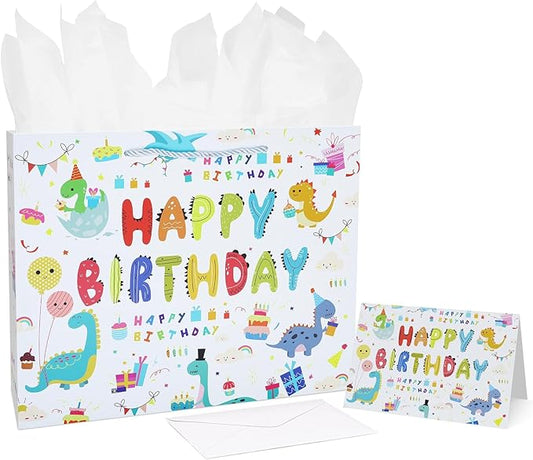 Oletx 13" Dinosaur Gift Bags with Handle,Happy Birthday Party Favor Wrapping Bags with Tissue Paper Greeting Card