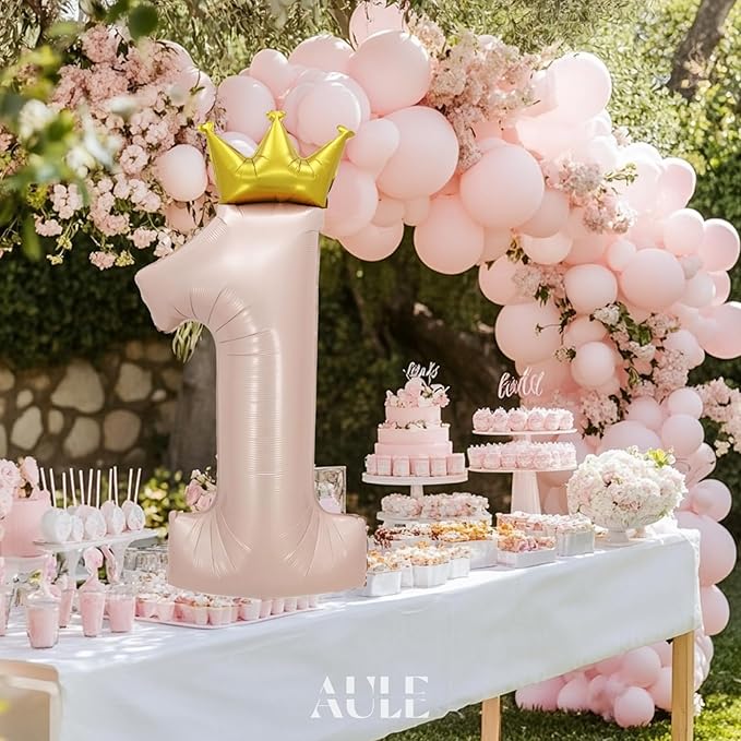 AULE 40 Inch Big Pink 1 Balloon Number with Crown Large Foil Helium Number Balloons 0-9 Jumbo Giant Happy 1st Birthday Party Decorations Huge Mylar Anniversary Party Supplies
