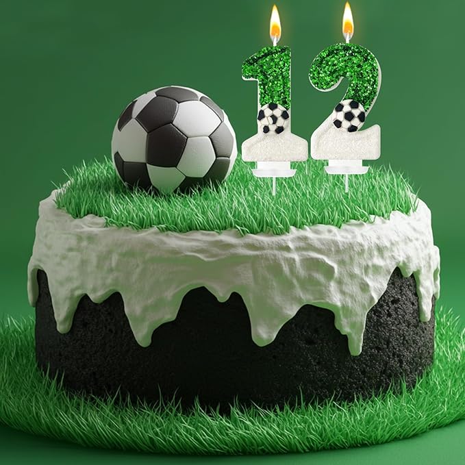 Soccer Birthday Candles Cake Topper for Girl and Boy, Wedding Cakes, Anniversaries, Party Celebrations, Birthday Decorations (Green White, 12)