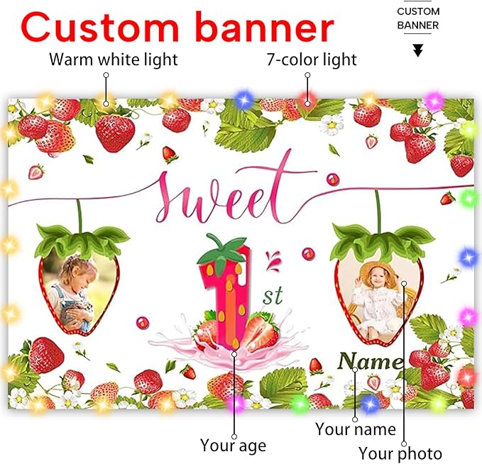 Dicodes Custom Strawberry Theme Birthday Banner - Personalized Fabric Banner for Birthday Decorations
