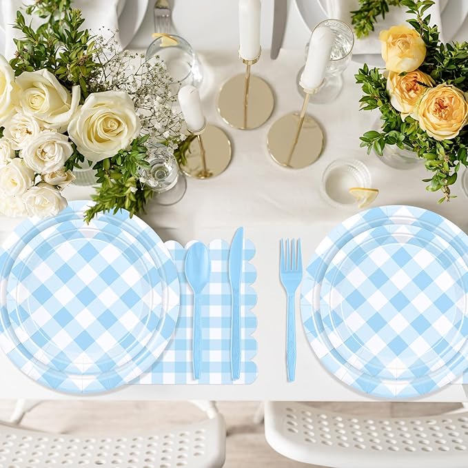 175 Pcs Gingham Party Supplies for 25 Guests, Paper Plates and Napkins Knives Spoons Forks Cups Disposable Party Set Cutlery for Baby & Bridal Shower, Wedding, Birthday Party, Outdoor Picnic ( Blue )