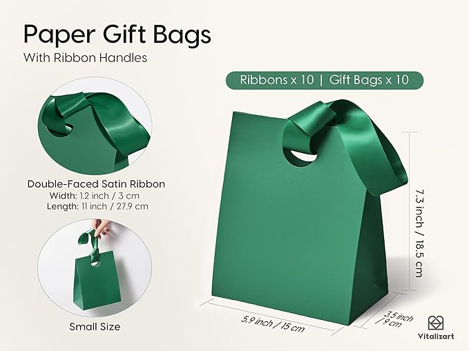 Vitalizart Paper Gift Bags With Ribbon Handles Set of 10 Green Bulk Reusable For Gift Wrap Girls Kids Birthday Bridal Shower Party Favors Goodie Bags Candy Christmas 5.91"x3.54"x7.28" Small
