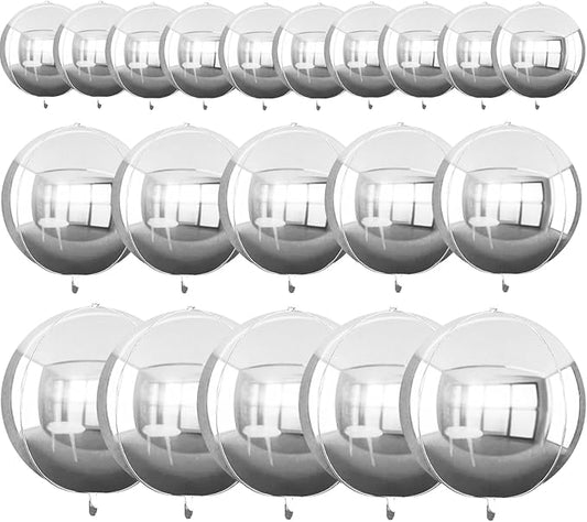 TONIFUL 16Pcs Large Silver 4D Giant Round Foil Balloon 4D Mirror Metallic Mylar Sephere Balloons for Christmas New Year Birthday Party Graduation Wedding Baby Shower Decoration Supplies(Mix Sizes)