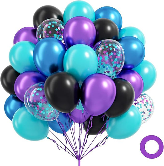60pcs Blue and Purple Balloons 12inch with Metallic Purple Black Teal Blue Confetti Balloons for Video Game Birthday Party Decorations