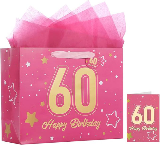Powbrace 13" Pink 60th Birthday Gift Bag with Tissue Paper and Greeting Card for Party,Happy Birthday Gift Bag for Men Women,Gift Bags Medium size(1 Pink 60th)