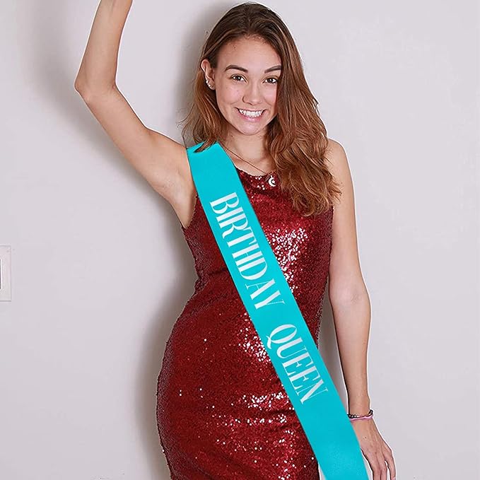 Birthday Queen Sash, Silver Foil Teal Blue Birthday Sash for Women 21st 30th 40th 50th 60th 70th Fun Birthday Party Favors Gifts Decorations