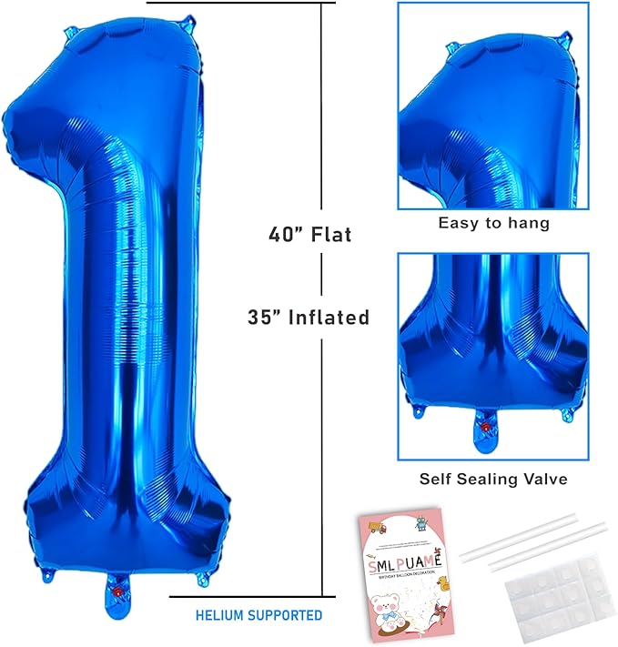 40 Inch Navy Blue 1 Balloon for 1st Birthday Party, Blue One Number Balloon 10 11 21 Birthday Decorations for Boys Men Toddler Baby, Helium Giant Foil Number 1 Balloon
