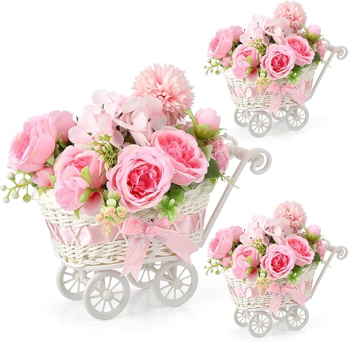 3 Pack Rattan Baby Carriage Floral Arrangement with Bouquet Pink Baby Shower Table Centerpiece Stroller for Guests Gender Reveal Wedding Party Favor Gift and Souvenir