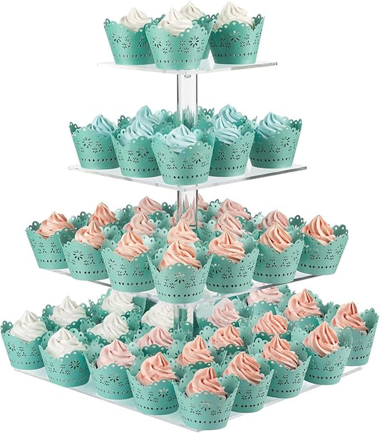 CECOLIC Acrylic Cupcake Stand Clear Cupcake Holder Display Stand Dessert Pastry Tower for Wedding Birthday Bar Party Décor (Square - 4 Tier)